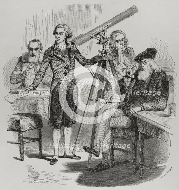 Janssen and his lenses, Galileo and his glasses, Newton and Herschel with their telescopes, 1856.  Creator: Paul Perrichon.