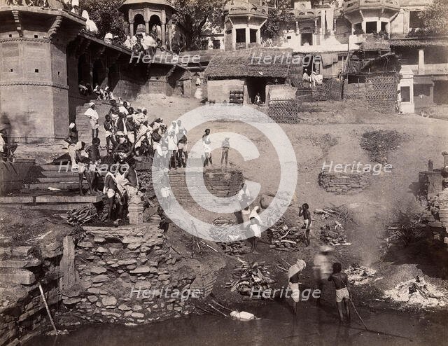 Benares (Varanasi), Uttar Pradesh: corpses being burned and consigned to the river Ganges, 19th cent Creator: Unknown.