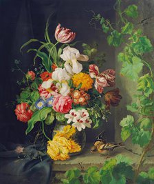 Floral still life with sparrow and vine, 1848. Creator: Josef Lauer.