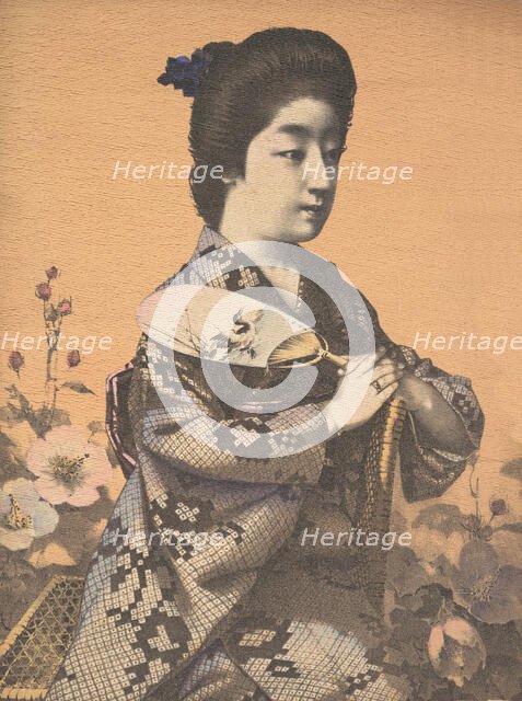 Girl Carrying a Round Paper Fan (Uchiwa), ca. 1900? Creators: Unknown, Hugechi.