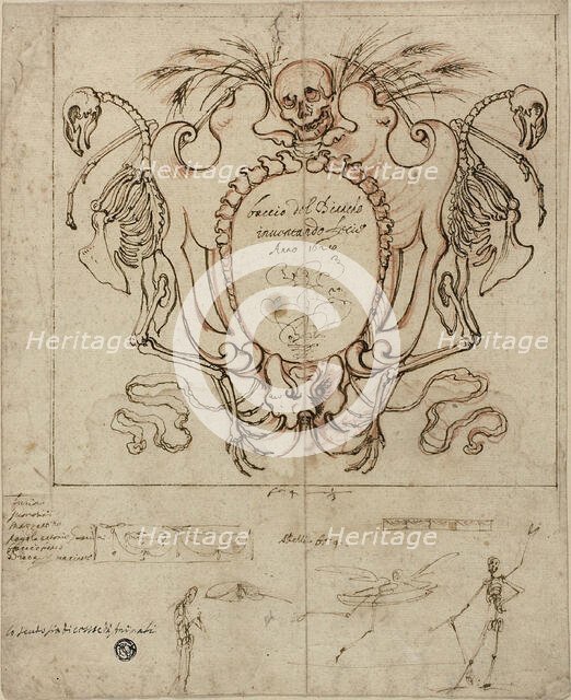 Funereal Cartouche with Inscription and Sketches of Skeletons and Ornamental Details, 1628. Creator: Baccio del Bianco.