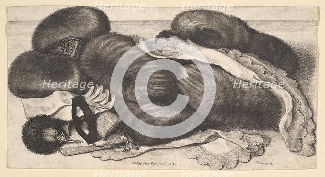 Still-life with a group of muffs, a pair of gloves, fans, mask and two kerchiefs, 1647. Creator: Wenceslaus Hollar.