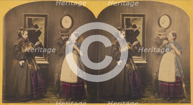 Genre: man touching woman under the chin, another woman observing, about 1860. Creator: Unknown.