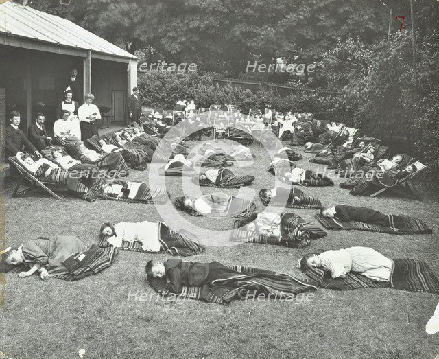 Children resting in the garden, Birley House Open Air School, Forest Hill, London, 1908.  Artist: Unknown.