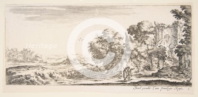 Plate 4: two pilgrims observing ruins to right, one pointing towards the right, a shep..., ca. 1641. Creator: Stefano della Bella.