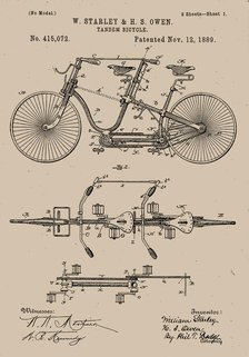 Tandem Bicycle 1889 Patent, 1889. Creator: W. Starley & H. S. Owen.
