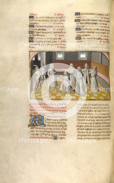 Tiberius Receiving the Crown from the Senators; Miroir Historial, about 1475. Creator: Unknown.