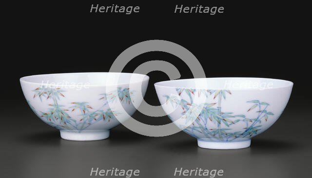 Pair of Teabowls with Bamboo, Qing dynasty, Yongzheng reign mark and period (1723-1735). Creator: Unknown.