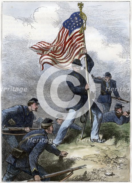 Planting the Union flag on a bastion, Siege of Vicksburg, 1863. Artist: Unknown