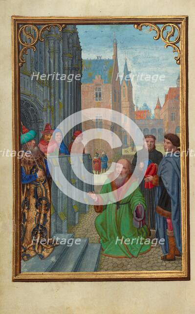 Joseph of Arimathea Before Pilate; Prayer Book of Cardinal Albrecht of Brandenburg, about 1525-1530. Creator: Simon Bening.