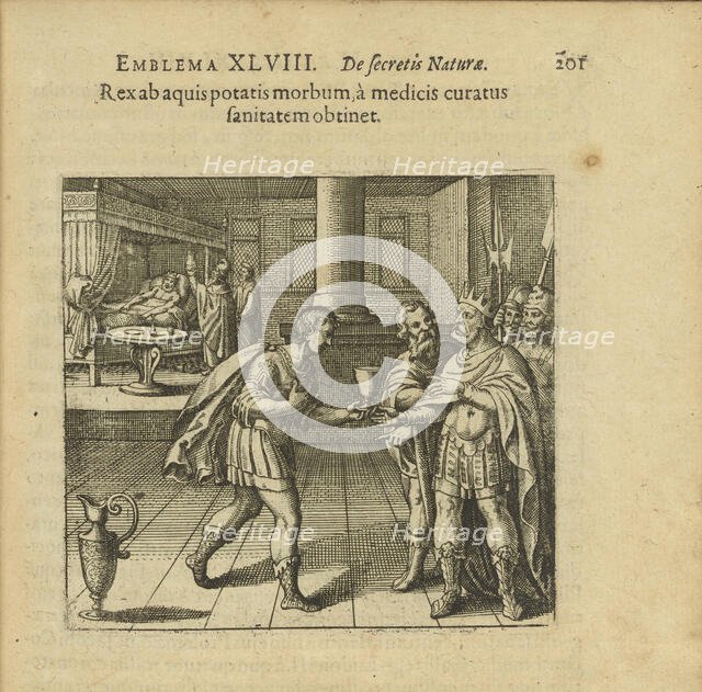 Emblem 48. The king gets an illness from drinking water, but when healed by doctors he..., 1816. Creator: Merian, Matthäus, the Elder (1593-1650).