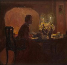 Tea by candlelight. Creator: Lobley, John Hodgson (1878-1954).