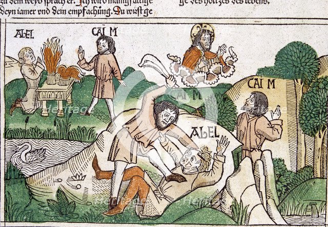 Cain and Abel, scene in the Bible of Nuremberg written in German, 1483.