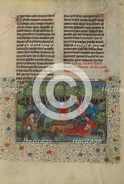 Hunters Feeding a Deer's Remains to Dogs; Livre de la Chasse, about 1430-1440. Creator: Unknown.