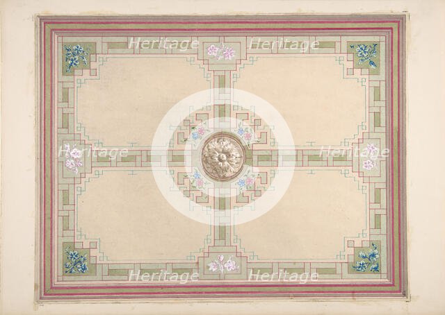 Design for a ceiling with floral accents and Greek key border, second half 19th century. Creators: Jules-Edmond-Charles Lachaise, Eugène-Pierre Gourdet.
