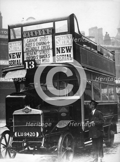No 13 bus, London, c1910s(?). Artist: Unknown