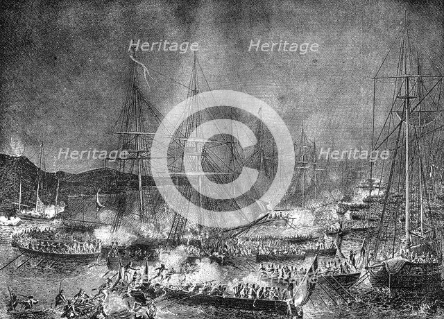 Attack on the French invasion flotilla at Boulogne, France, 15-16 August 1801 (1882-1884). Artist: Unknown