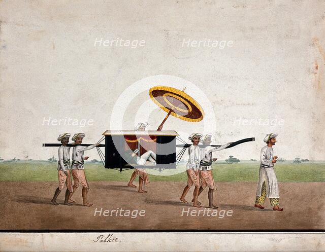 An European man relaxing and reading a book in a palkee carried by four men, (between 1800 & 1899?). Creator: Unknown.