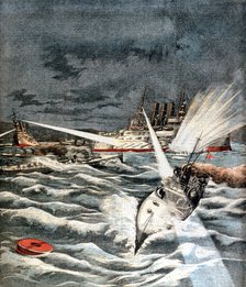 Japanese torpedo boats making surprise attack, Russo-Japanese War, 1904. Artist: Unknown