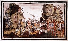Hernando Cortes (Cortez) (1485-1547), Spanish conquistador, attacking natives in Mexico. Artist: Unknown