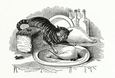 Cat stealing meat from a plate, 1847.  Creator: Unknown.