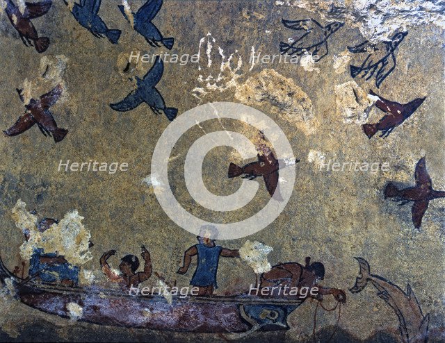 Tomb of hunting and fishing. Fresco depicting men in a fishing boat and birds flying, from Tarqui…