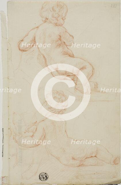 Two Putti Seen from the Back, One Writing, n.d. Creator: Unknown.