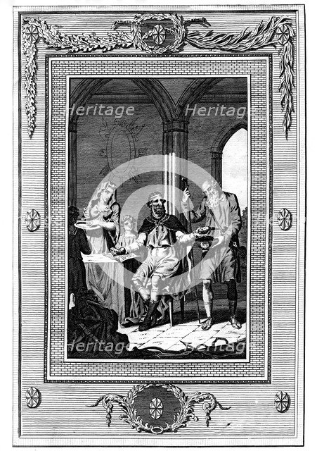 Alfred The Great dividing his loaf with a poor pilgrim, 9th century, (1772). Artist: Unknown