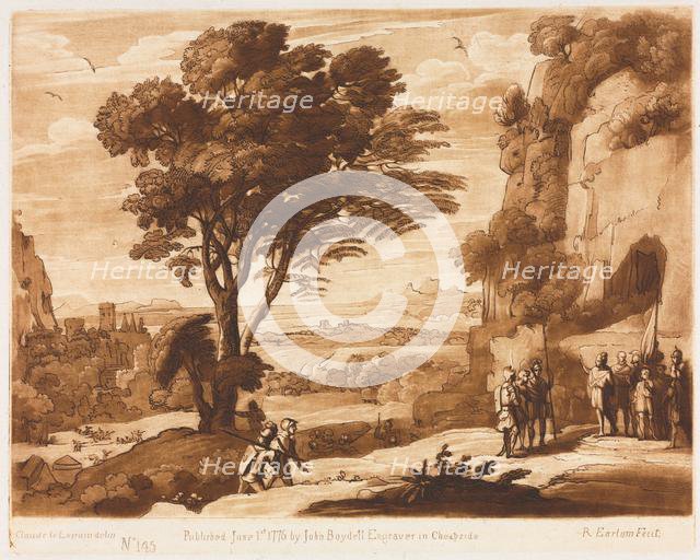 Liber Veritatis: No. 145, A Landscape, with Figures, Simon brought before Priam, 1776. Creator: Richard Earlom (British, 1743-1822); John Boydell.
