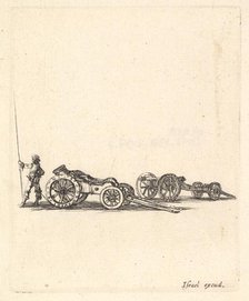 A mortar and a cannon, both mounted on carriages, a soldier shown from the back sta..., ca. 1638-43. Creator: Stefano della Bella.