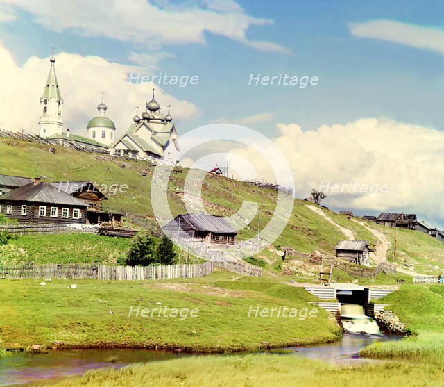 Village of Deviatiny and the Saint Boris dam [Russian Empire], 1909. Creator: Sergey Mikhaylovich Prokudin-Gorsky.