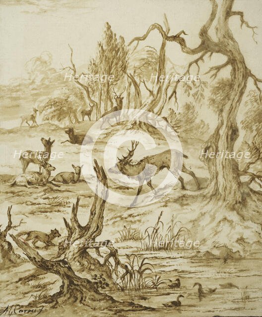 Landscape with deer, fox and ducks. Creator: Michiel Carree.
