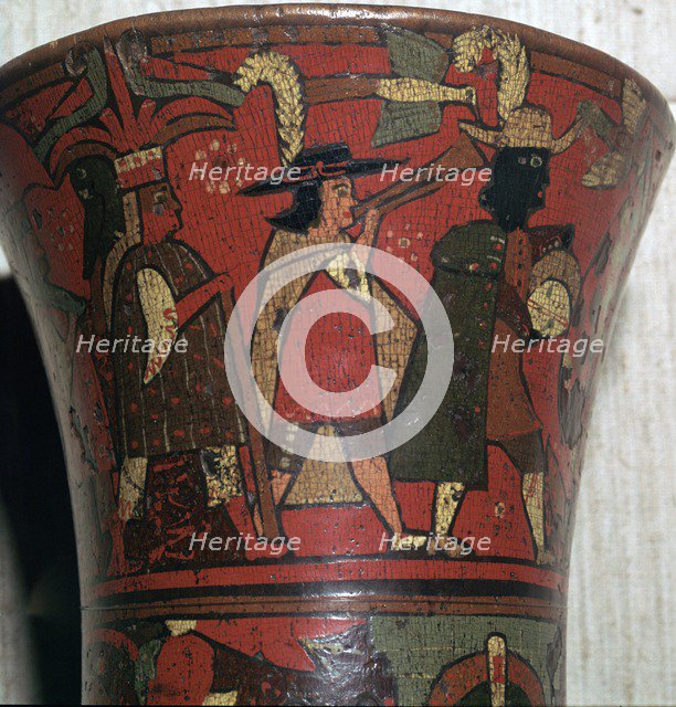Incan beaker showing Spaniards and Peruvians, c.17th century. Artist: Unknown
