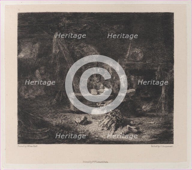 Interior of a Dutch Kitchen, after Willem Kalf, 1871. Creator: Jules-Ferdinand Jacquemart.