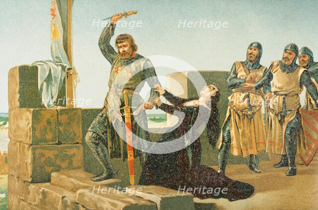 Guzmán the Good throws his dagger at the Muslims during the siege of Tarifa in 1296, 1890.  Creator: Unknown.