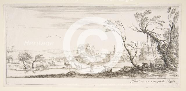 Plate 2: a peasant woman removing her shoes in center, another peasant woman and two c..., ca. 1641. Creator: Stefano della Bella.