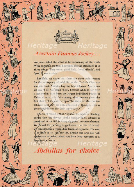 'A certain Famous Jockey Abdullas for choice', 1939. Artist: Unknown.