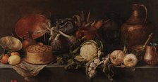 Still life with vegetables and kitchen utensils. Creator: Pereda y Salgado, Antonio, de (1611-1678).