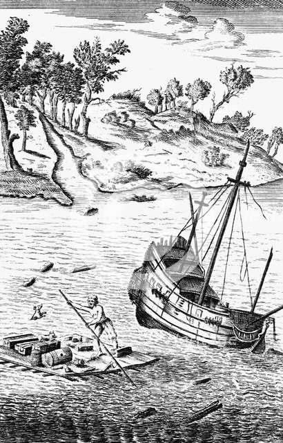 'Robinson Crusoe Saving His Goods out of the wreck of the Ship', c1719. Artist: Unknown