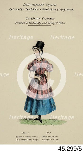 Cambrian Costumes series No. 5, 19th century.  Creator: Lady Llanover.