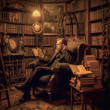 AI IMAGE - Bram Stoker reading in a Victorian library, 1890s, (2023). Creator: Heritage Images.