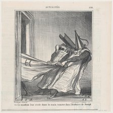 The cloak remains in their hands, like in the story of Joseph, from 'News of t..., October 14, 1869. Creator: Honore Daumier.