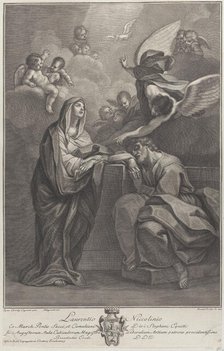 Plate 6: Saint Joseph's dream, with the Virgin Mary at left and an angel above who points ..., 1777. Creators: Benedetto Eredi, Ranieri Allegranti.