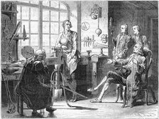 Joseph Black visiting James Watt in his Glasgow workshop, c1760 (c1879). Artist: Unknown