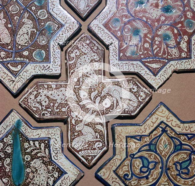 Persian tiles with animals and lines from Persian poetry, 13th century. Artist: Unknown