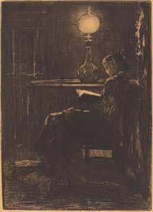 Liseuse à la Lampe (Woman Reading by Lamplight), 1879. Creator: Felix Hilaire Buhot.