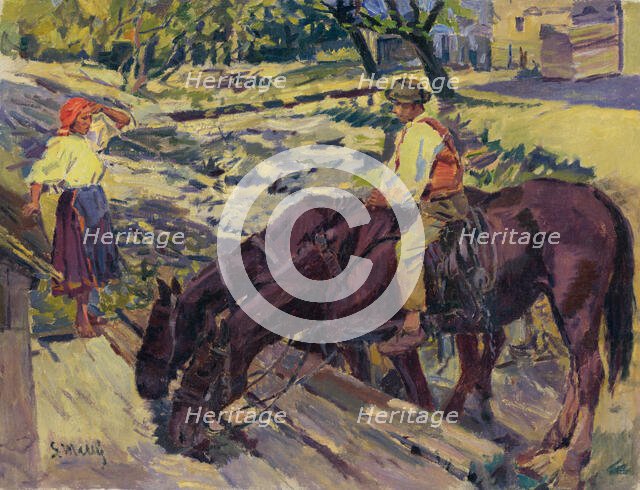 Watering Horses, 1949. Creator: Gustav Mally.