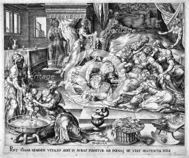 Tamar giving birth to Pharez and Sarah, 16th century. Artist: Unknown