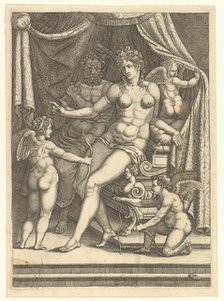 Venus and Vulcan Seated on a Bed and Three Putti, mid-1550s. Creator: Giorgio Ghisi.