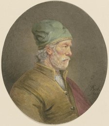 Old man with a white mustache, green cap, and yellow doublet, in profile, c17th century. Creator: Unknown.